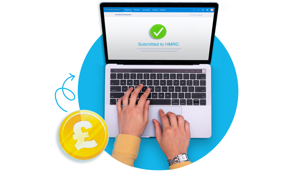 A laptop showing a submitted to HMRC with an icon of a pound symbol and an arrow pointing to the laptop
